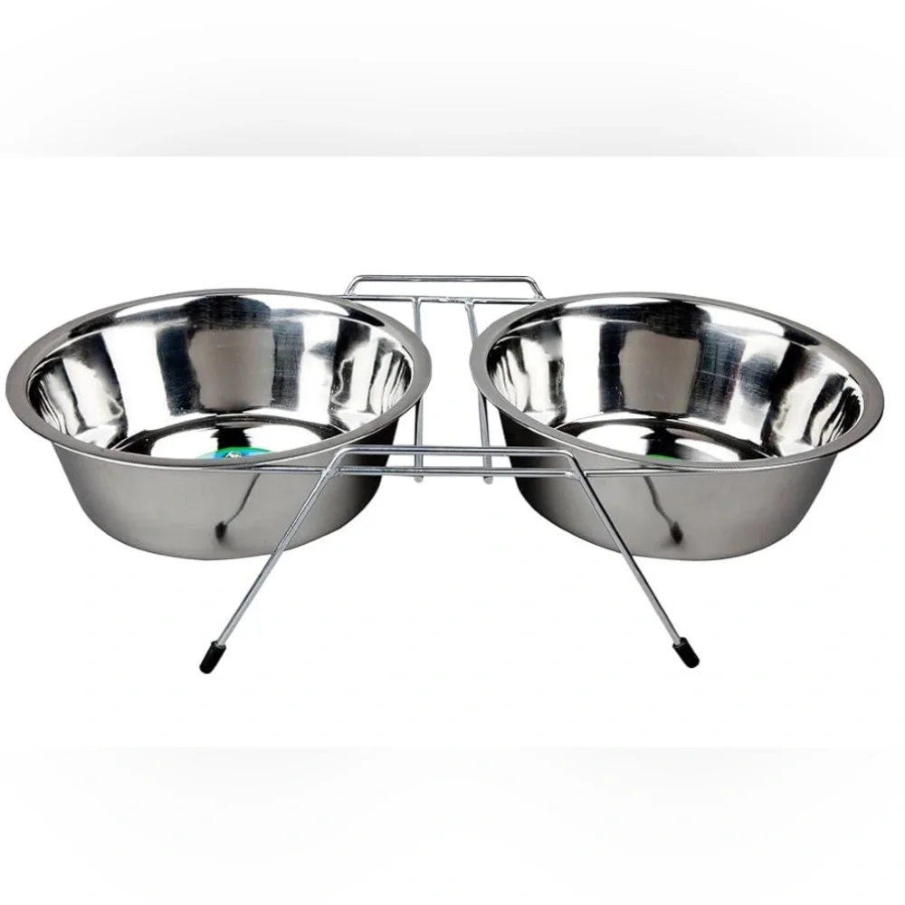 New Double Feeder Small Pet Food & Water Bowl With Stand stainless 1/2 pint